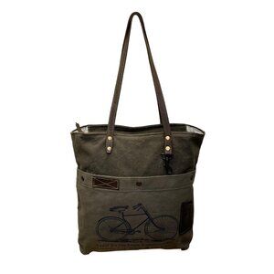 Myra Bag Womens Olive Cotton Canvas With & Leather Straps Bicycle Graphic Tote